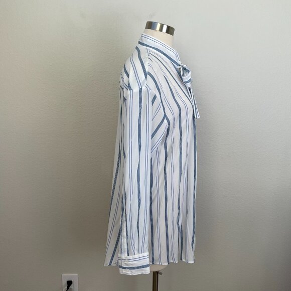 Elizabeth and James Womens Large White Blue Striped Tie Neck Shirt Button Up Top - Picture 4 of 10